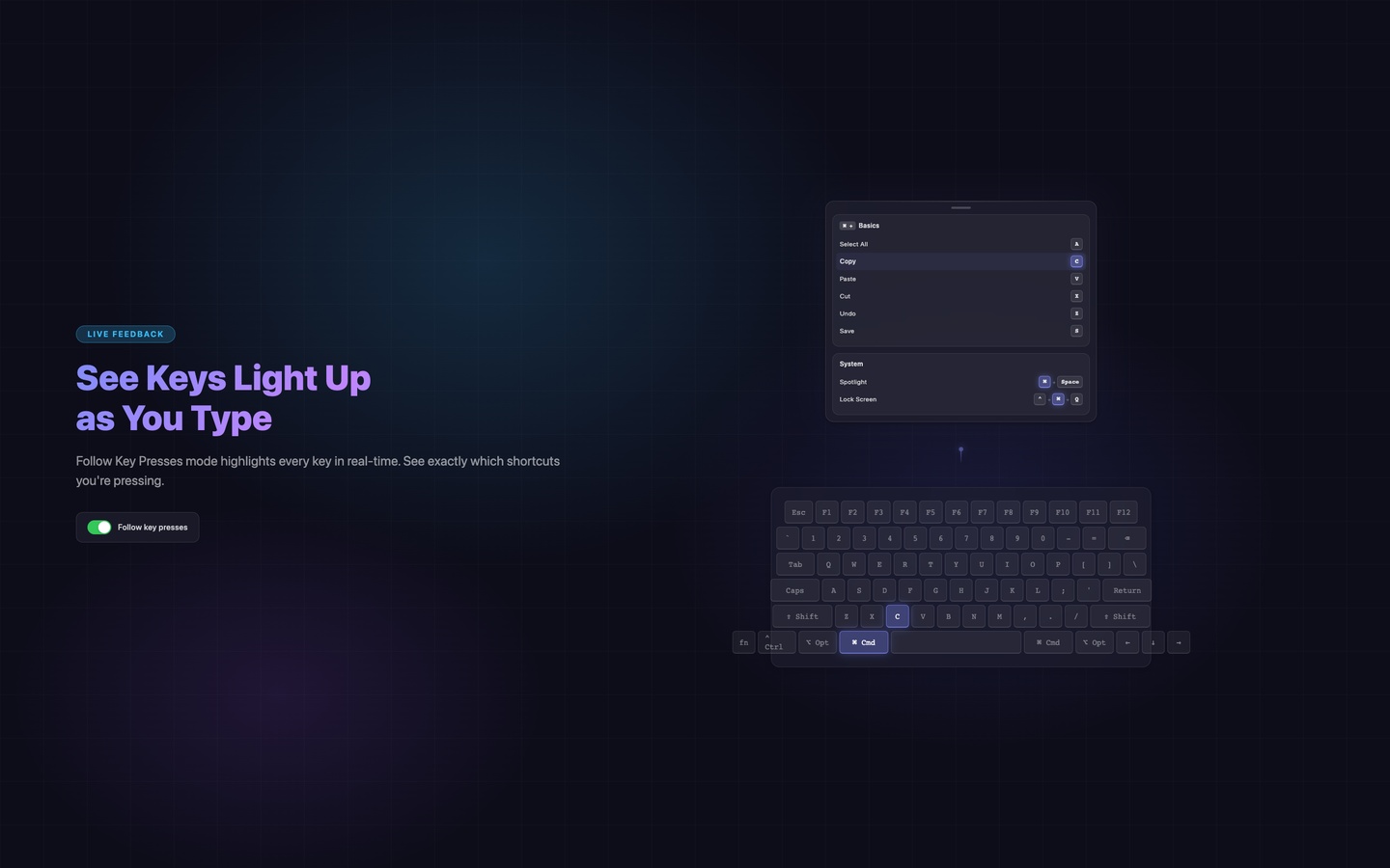KeyShortcut automatically detecting the active app and showing relevant shortcuts