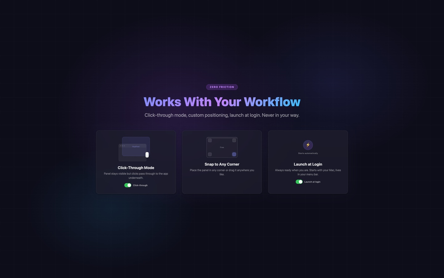 KeyShortcut floating panel positioned in corner without blocking the workspace